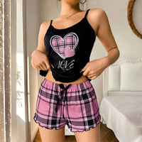 Women Sexy Suspender Shorts Thin Pajamas Letter Print Plaid Shorts Large Pajamas Romantic Home Wear Sexy Nightwear Short Pajama