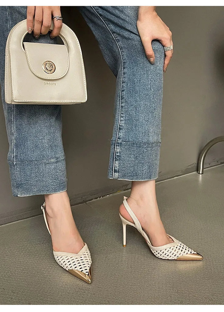Elegant Hollow Out Woven Stiletto Sandals Women Pointed Toe Metal Straps High Heels