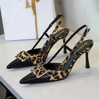 Satin Leopard Pointed Toe Women's Banquet Dress Shoes Elegant Thin High Heeled Pumps Ankle Strap Sexy - Natalia Home Fashion