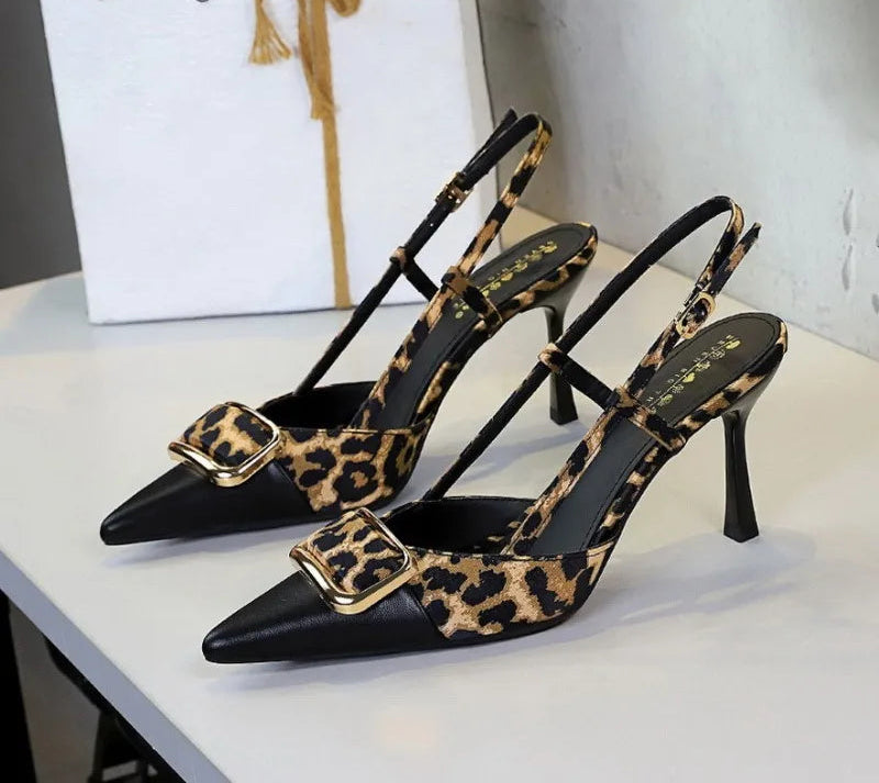 Satin Leopard Pointed Toe Women's Banquet Dress Shoes Elegant Thin High Heeled Pumps Ankle Strap Sexy