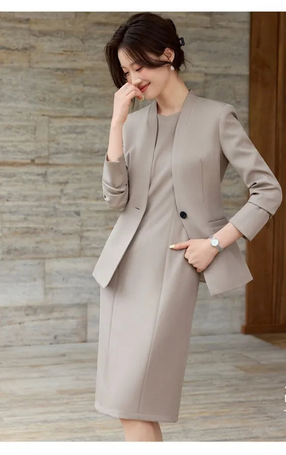 Elegant Professional Suit Dress Two-Piece Set Workwear Beauty Salon Uniform Long Sleeve Formal Outfit Polyester Fiber