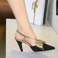 French Style Velvet Pointed Toe High Heels Hollow out Embroidery Butterfly Knot Party Shoes Women's Low Heel Single Shoes