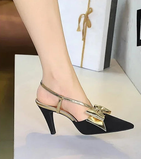 French Style Velvet Pointed Toe High Heels Hollow out Embroidery Butterfly Knot Party Shoes Women's Low Heel Single Shoes