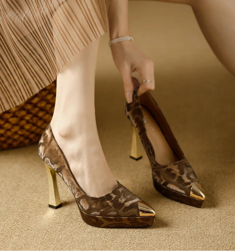 Fashion Women's Shoes Thin Block Heels 11cm Pointed Toe Shallow Mouth Ladies Pumps Party Shoes