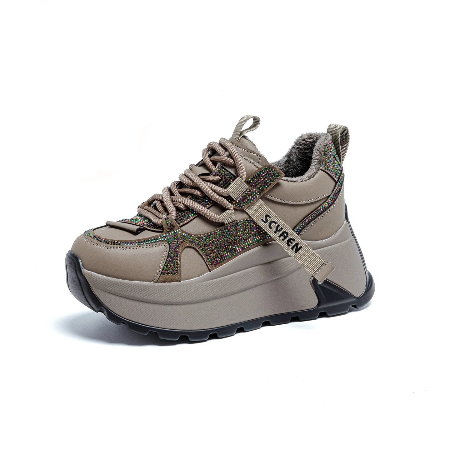 Chunky Sneakers Platform Heel Women Casual Shoes Leather Comfortable Walking Shoes Warm Fur Winter Shoes