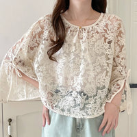 Round Neck Lace Shirt Women's Summer Floral Print Tie Dotted Cotton Blend Full Sleeve Slim Fit Button up Top