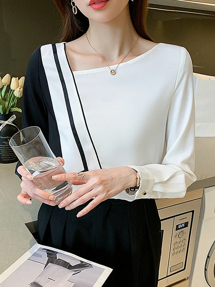 New Long Sleeve Skew Collar Women Blouse Patchwork Chiffon Blouse Shirt Women Tops Blouses Shirts Blusas Para Mujer Camisas A823 Natalia Home Fashion    Natalia Home Fashion