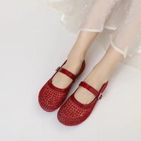 French-style rhinestone mesh Mary Jane shoes, breathable shallow single shoes, fairy-style soft-soled flat shoes