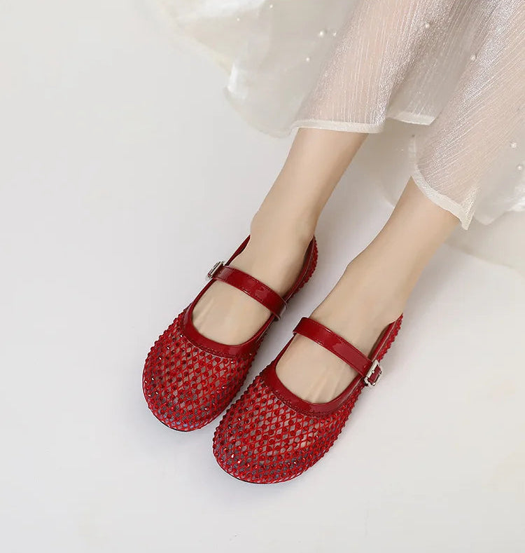 French-style rhinestone mesh Mary Jane shoes, breathable shallow single shoes, fairy-style soft-soled flat shoes