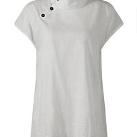 Women Cotton Linen Stand Collar Blouses Cap Sleeves Solid Color Loose Fit Casual Fashion Female Shirts Tops
