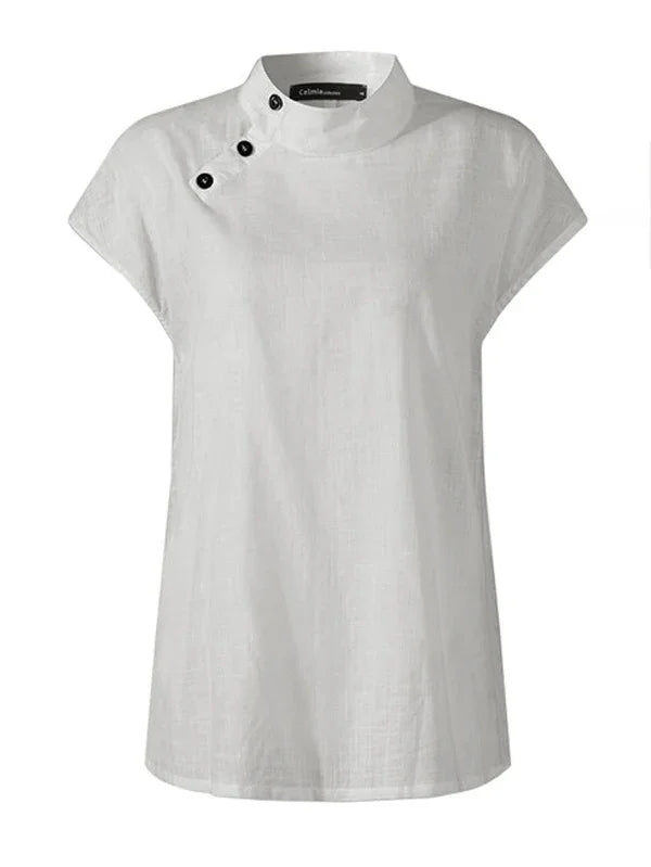 Women Cotton Linen Stand Collar Blouses Cap Sleeves Solid Color Loose Fit Casual Fashion Female Shirts Tops