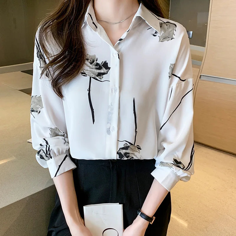 Women's Blouse Long Sleeve Rose Printed Fashionable Chiffon Shirt Long Sleeve Top