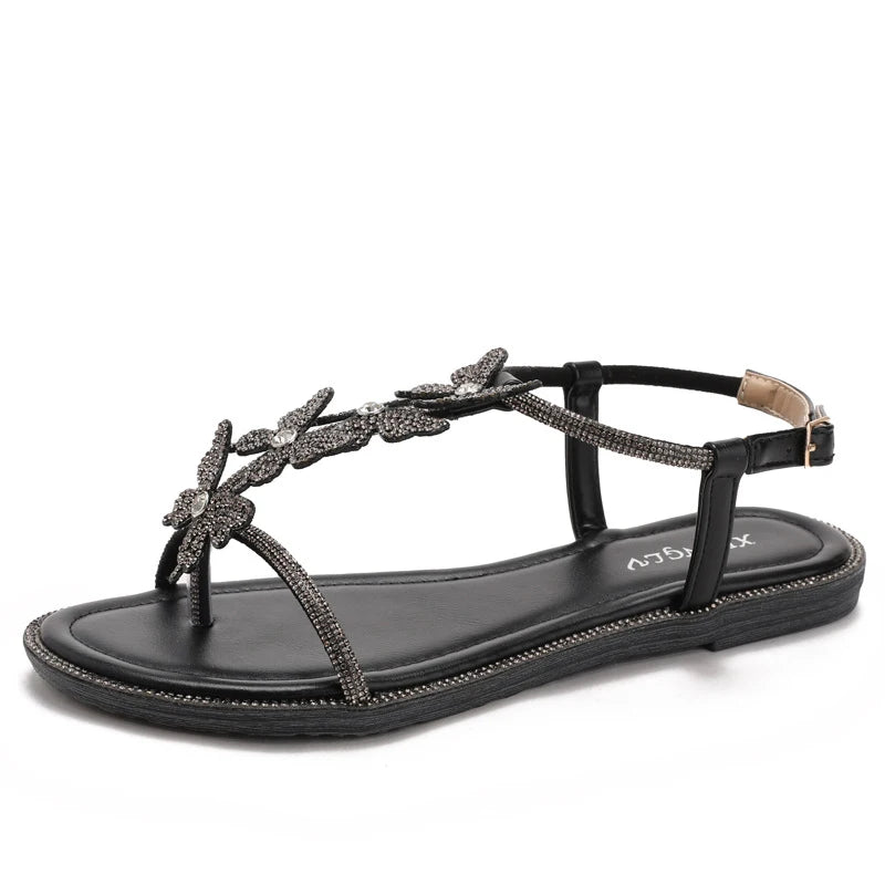 Single-strap rhinestone bow flat sandals, new summer fashion, simple and stylish, suitable for outdoor wear, Roman beach shoes
