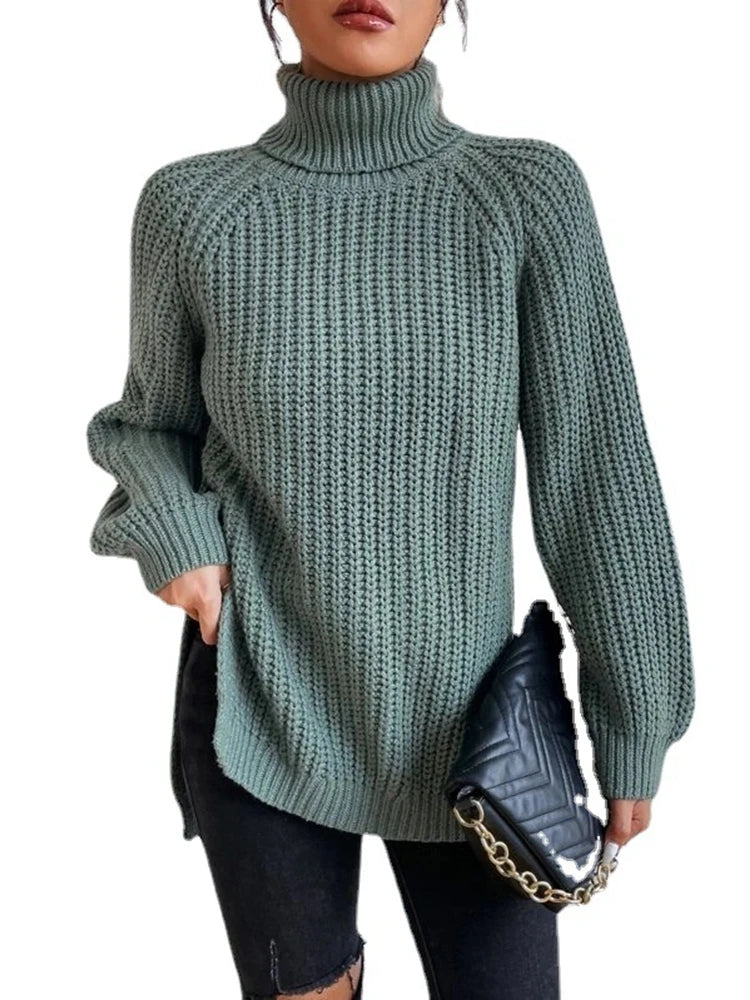 Turtlenecks Women Pullovers Mid-Long Casual Knit Sweater Fad Raglan Sleeves Side Slit Sweater New Skirt-style Jumper