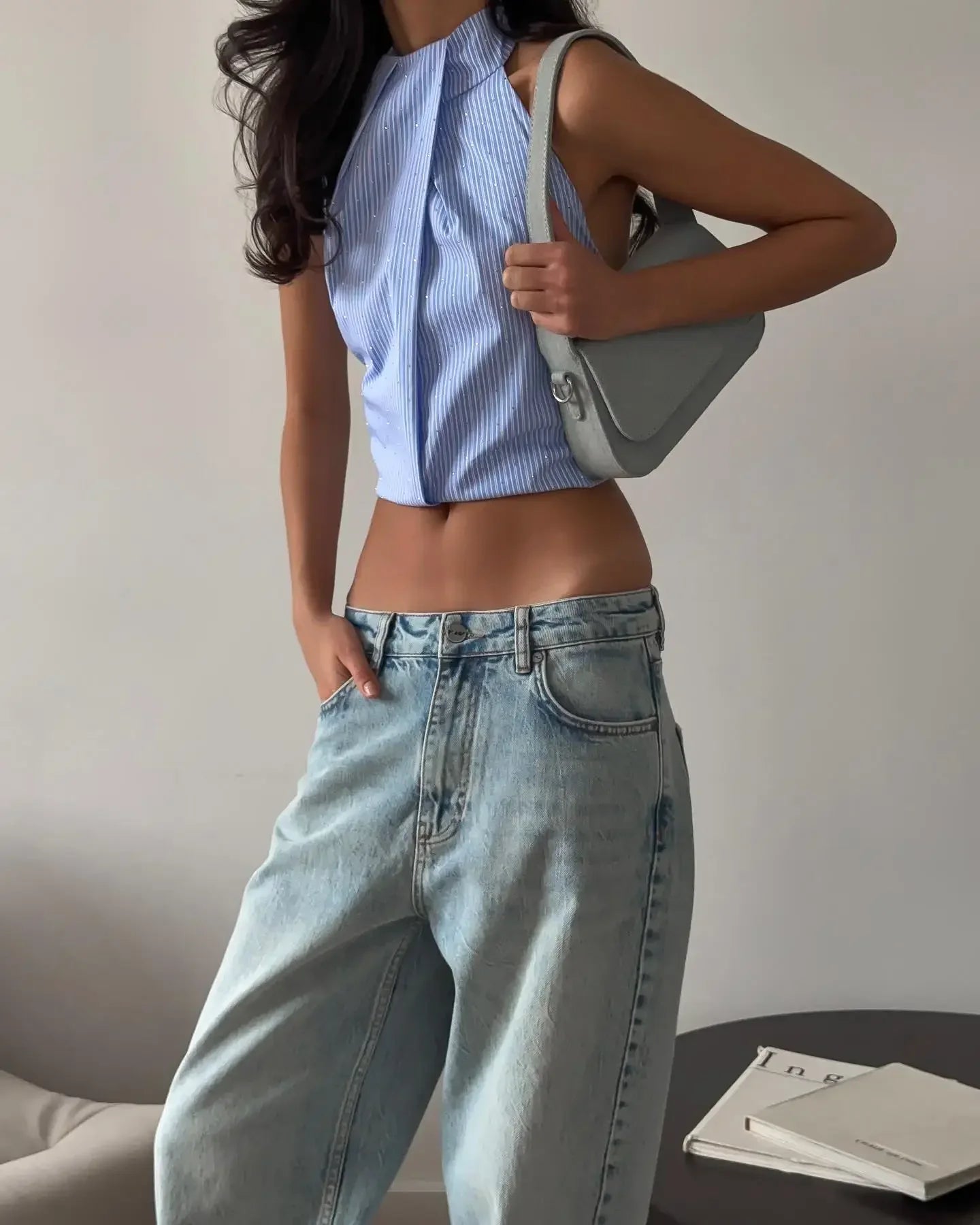 Fashion Stripe Halter Neck Backless Shirt Women Exquisite Tie Waist Sleeveless Vest 2026 Lady Daily Commute Street Cropped Wears Natalia Home Fashion    Natalia Home Fashion