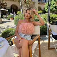 Solid Puffy Fuax Fur Strapless Crop Tops Women Fashion Sexy Furry Chest Wrapped Backless Tube Party Clubwear Vests Streetwear