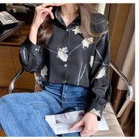 Women's Blouse Long Sleeve Rose Printed Fashionable Chiffon Shirt Long Sleeve Top