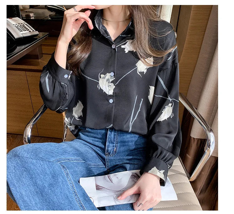 Women's Blouse Long Sleeve Rose Printed Fashionable Chiffon Shirt Long Sleeve Top