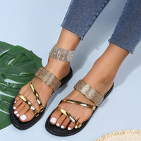Women's Fashion Patent Leather Flat Heel Sandals Bling Rhinestone Narrow Band Beach Casual Slippers