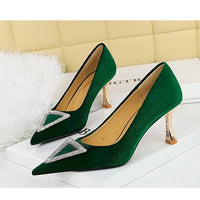 Designer Women Heels Prom Pumps Lady Velvet Pointed Toe 7cm Thin High Heels Pearl Crystal Buckle Shoes