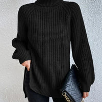 Turtlenecks Women Pullovers Mid-Long Casual Knit Sweater Fad Raglan Sleeves Side Slit Sweater New Skirt-style Jumper
