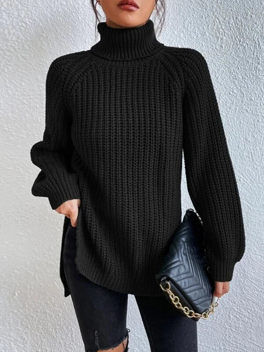 Turtlenecks Women Pullovers Mid-Long Casual Knit Sweater Fad Raglan Sleeves Side Slit Sweater New Skirt-style Jumper