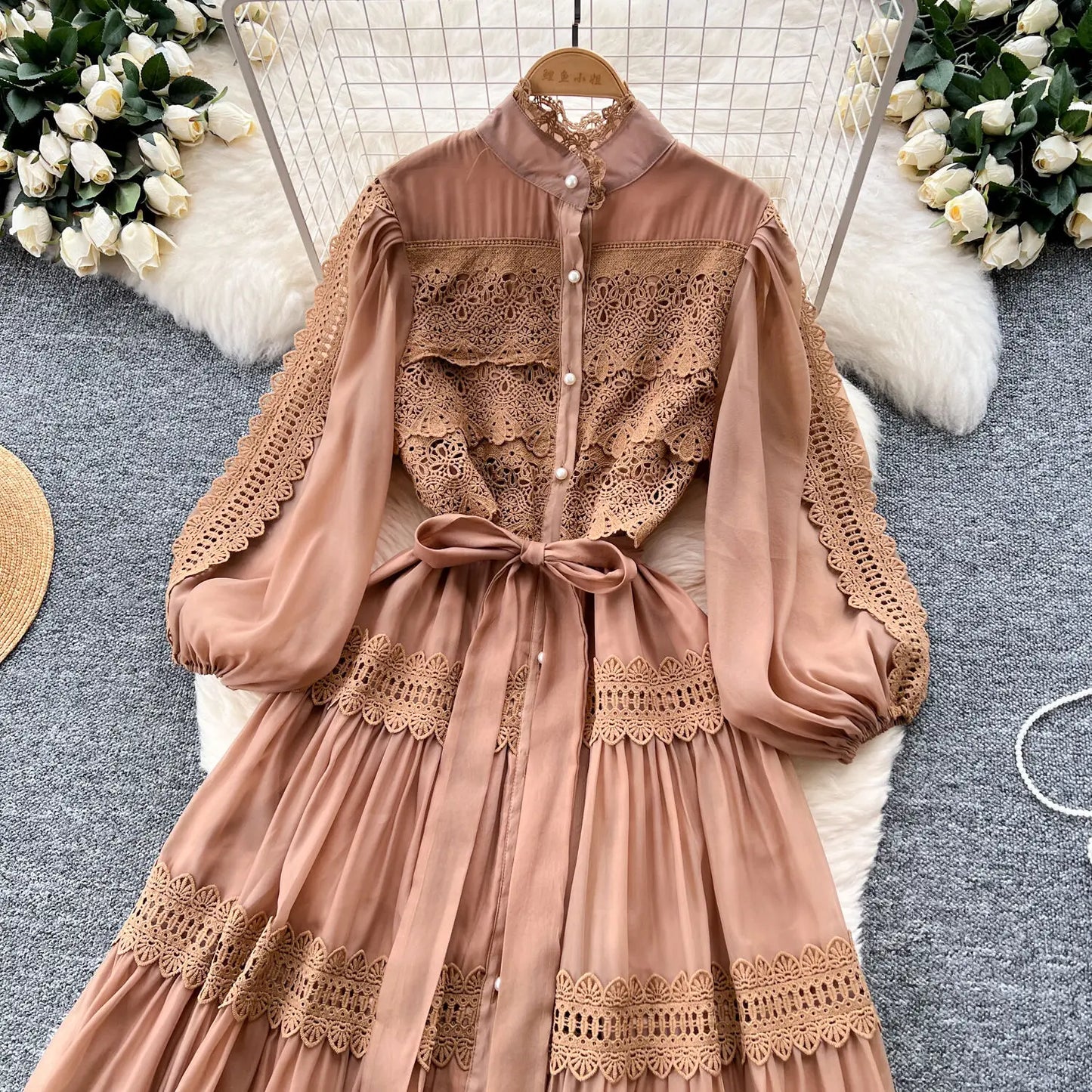 Elegant Hollow Out Organza Long Maxi Dresses Shirt Women  Layer Ruffle Full Sleeve Pearl Evening Party Dress