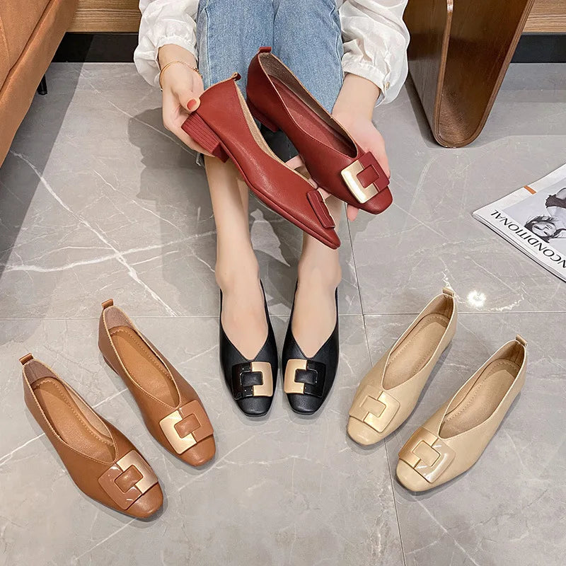 Woman Square Toe Low Heeled Metal Decoration Red Mary Janes Cute Casual Ballerina Female Flats Elegant Soft Soled Flat Shoes