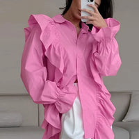 Ruffles Solid Women Shirt Pink Blue Lapel Female Top Elegant Fashion Single Breasted Flare Long Sleeve Lady Blouses