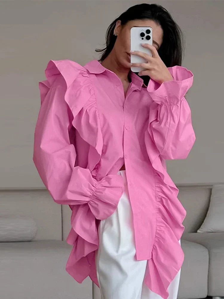 Ruffles Solid Women Shirt Pink Blue Lapel Female Top Elegant Fashion Single Breasted Flare Long Sleeve Lady Blouses