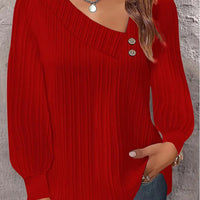 Simple Button V-neck Pullover Women's Solid Long Sleeve Casual T-shirts Elegant Lady Blouses