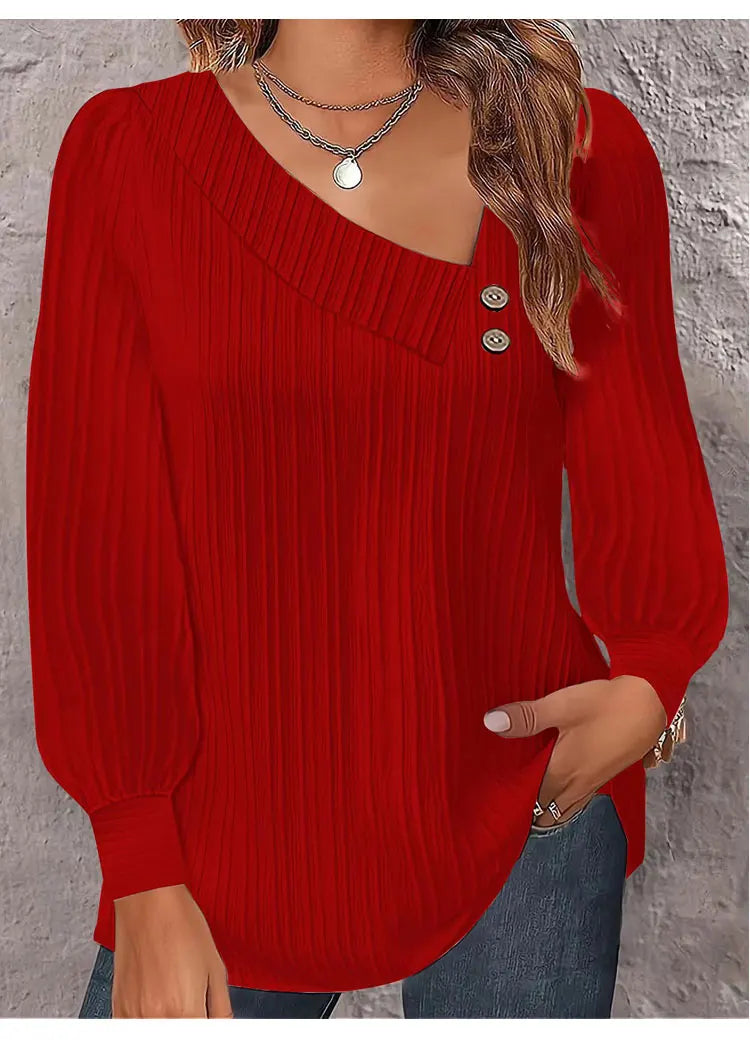 Simple Button V-neck Pullover Women's Solid Long Sleeve Casual T-shirts Elegant Lady Blouses