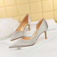 Shoes Woman Pumps Pointed Toe Shallow High Heels Snakeskin Satin Thin Heel Sandals Stiletto Party Shoes