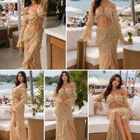 Chiffon Floral 2 Pc Bikini Set Long Sleeve Backless Crop Tops Women Transparent Bodycon Skirts Sexy Beach Casual