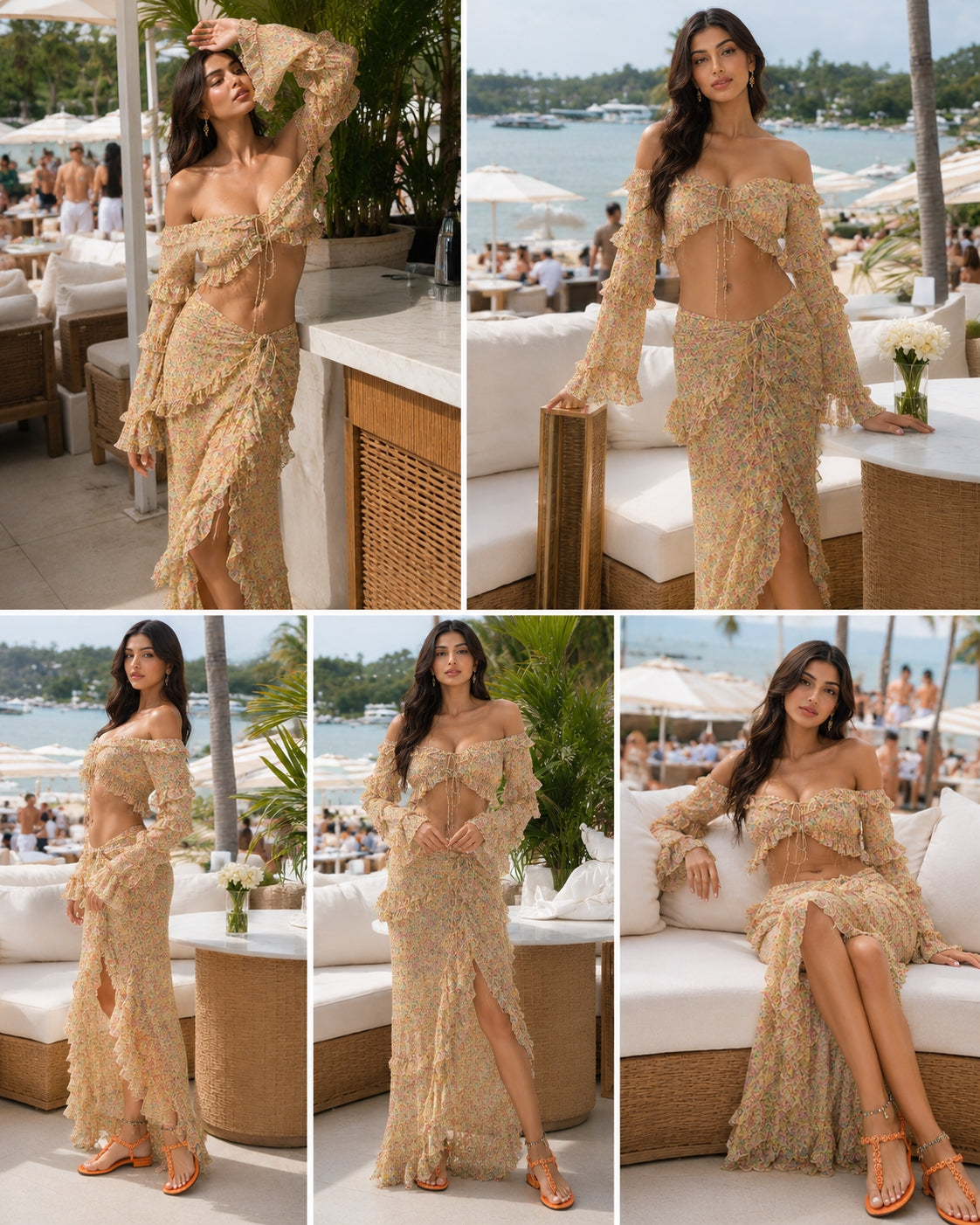 Chiffon Floral 2 Pc Bikini Set Long Sleeve Backless Crop Tops Women Transparent Bodycon Skirts Sexy Beach Casual
