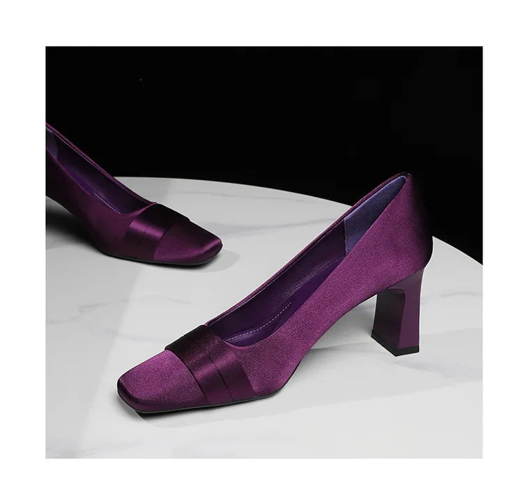 Elegant Satin High Heels Square Toe Slip-On Chunky Heel Comfortable Women's Shoes for Party Fashion Footwear Summer Autumn