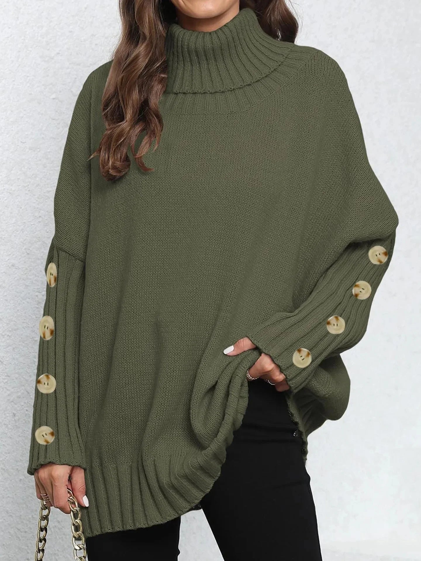 Loose Knitted High Collar Turn-down Collar Sweater for Women Full Sleeve Polyester Fiber Cross-Border Fashion Decorative Button
