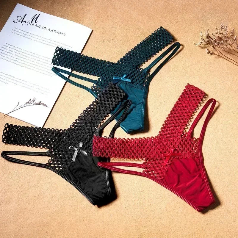 Women's Panties Cross Cut Ice Silk Thong Sports Fashion Perspective Low Waist Ribbons sexy lingerie thongs