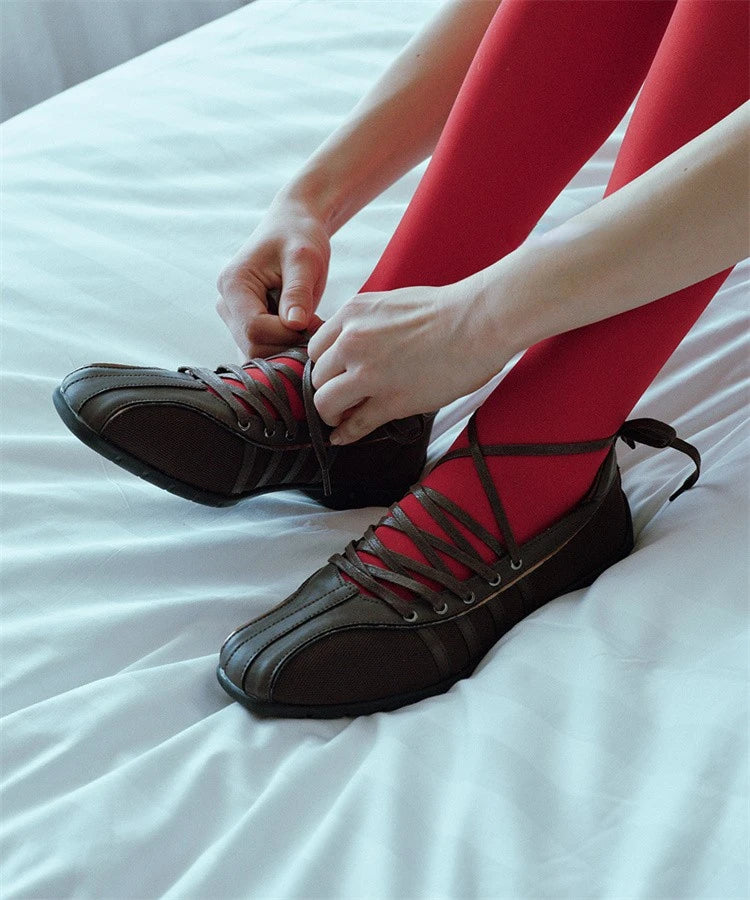 Women's ballet flats Fashion Korean ballet style lace-up retro casual shoes Comfortable lightweight ballet sneakers