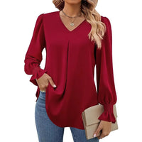 Fashion Simple Solid Color Pullover Shirt Women Loose V-neck Flared Sleeve Shirts Top Female Elegant Commuting Clothing