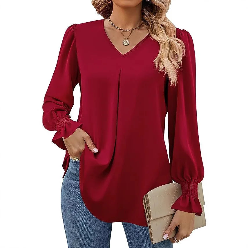 Fashion Simple Solid Color Pullover Shirt Women Loose V-neck Flared Sleeve Shirts Top Female Elegant Commuting Clothing