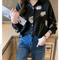 Women's Blouse Long Sleeve Rose Printed Fashionable Chiffon Shirt Long Sleeve Top