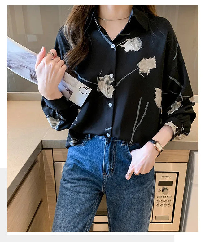 Women's Blouse Long Sleeve Rose Printed Fashionable Chiffon Shirt Long Sleeve Top