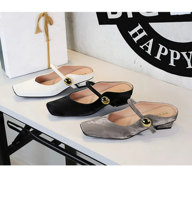 European Style Light-Mouthed Half-Slippers Women Wearing Thick Heels And Square-Toe Mary Jane Shoes One-Strap