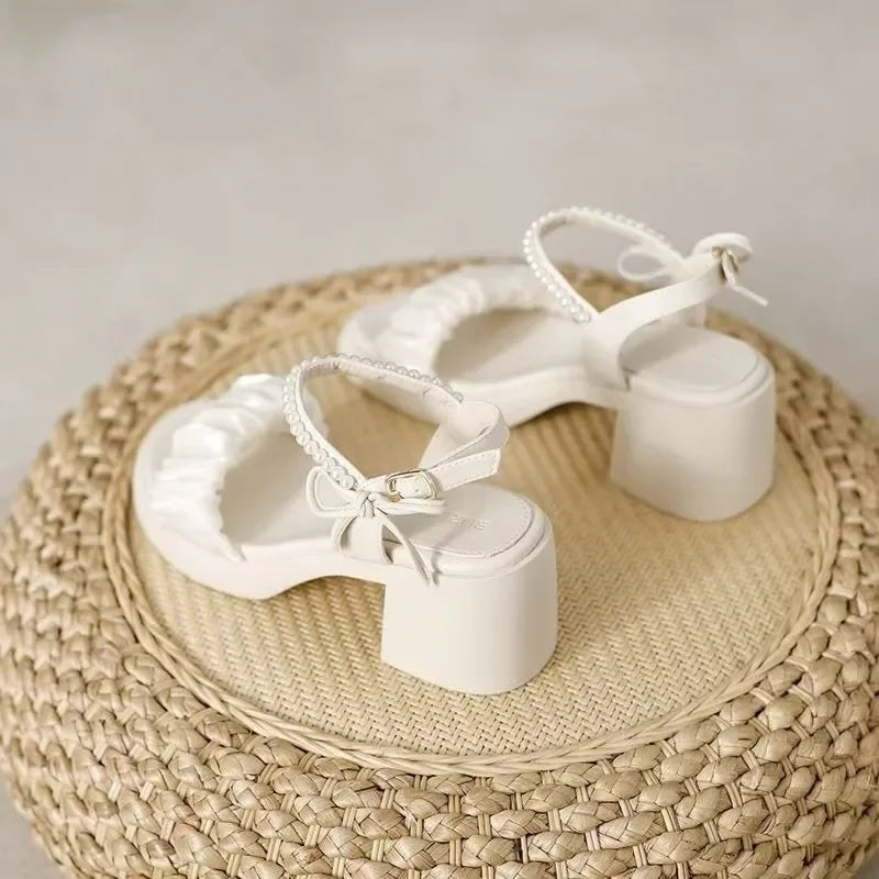 Women's Sandals Summer Fairy Style Thick Heel Waterproof Platform Wide Strap Casual Sweet round Toe PU Leather Rubber Sole