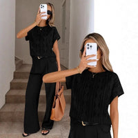 Women's Casual Round Neck Jacquard Short Sleeve Top T-shirt Leisure Commute Women Clothing