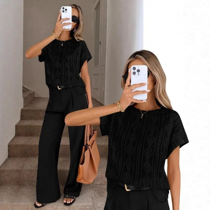 Women's Casual Round Neck Jacquard Short Sleeve Top T-shirt Leisure Commute Women Clothing