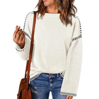 Women's Loose Long Sleeve Crew Neck Knitted Sweater Thickened Polyester Fiber Pure Color Tassel Knitwear