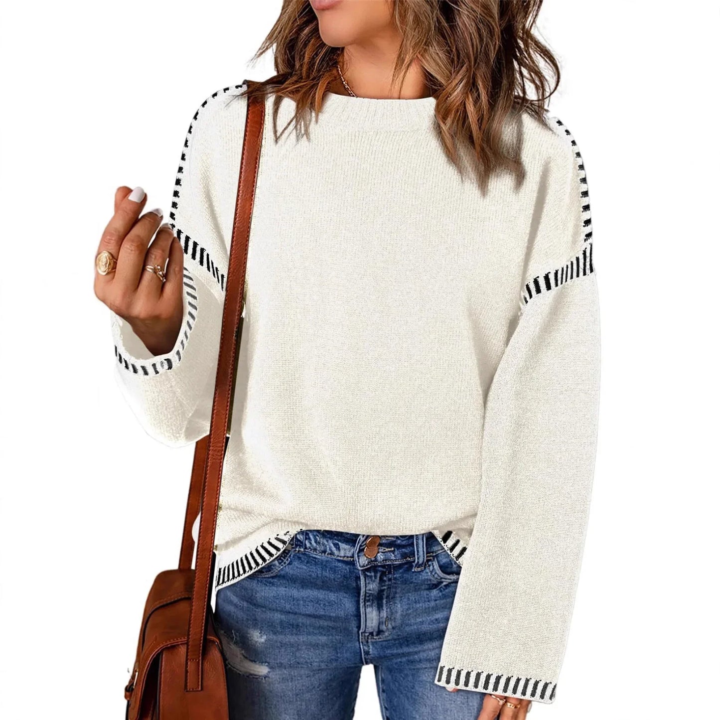 Women's Loose Long Sleeve Crew Neck Knitted Sweater Thickened Polyester Fiber Pure Color Tassel Knitwear