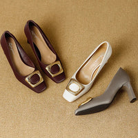 Basic Shallow Square Toe Women Pumps High Quality PU Leather Matte Thick Heel Office Shoes Woman Maroon 7CM High Heels